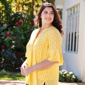 Matilda Jane Size XS GOLDEN HOUR TOP - Yellow & White Patterned Ruffled Tunic